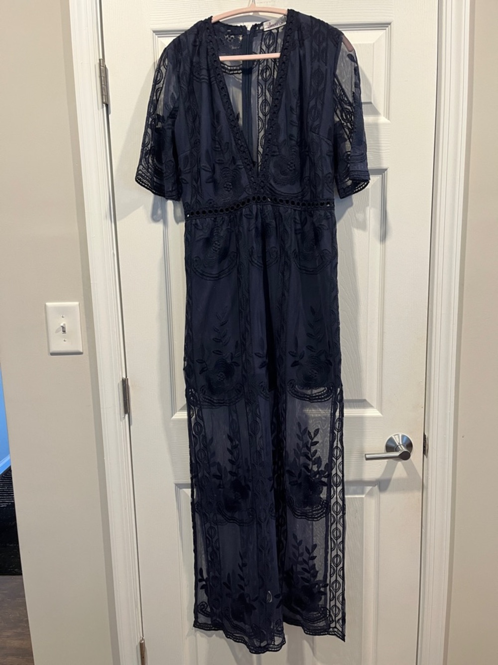 Women's Wicky‎ LS Navy Embroidered Maxi Dress with V-Neck Romper. Romantic SZ XL